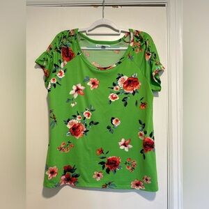 New York Laundry L Bright Green Floral Braided Sleeve Lightweight Loose Fit Top.